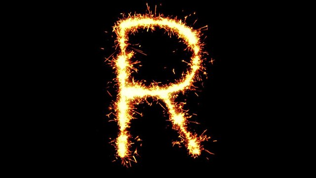 Alphabet R Text Sparkler Writing With Glitter Sparks Particles Firework on Black 4K Loop Background. letter , alphabet , typography , Typeface , Font , character .