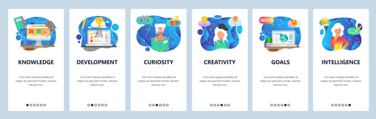 Mobile app onboarding screens. Curiosity and creativity, smart people, knowledge, online education. Menu vector banner template for website and mobile development. Web site design flat illustration