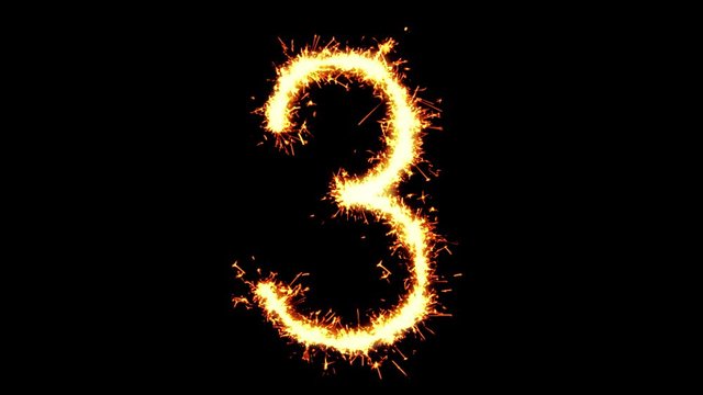Number 3 Text Sparkler Writing With Glitter Sparks Particles Firework on Black 4K Loop Background. letter , alphabet , typography , Typeface , Font , character .