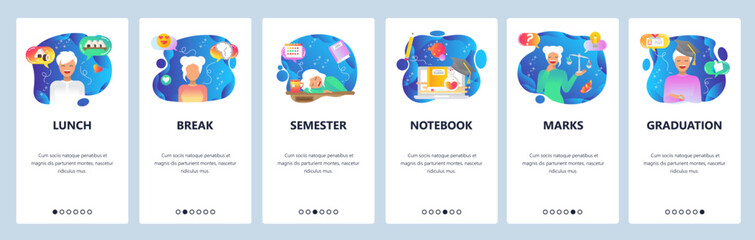 Mobile app onboarding screens. College education, semester test, graduation. Menu vector banner template for website and mobile development. Web site design flat illustration