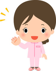 手を挙げて案内するピンクの制服を着た若い女性