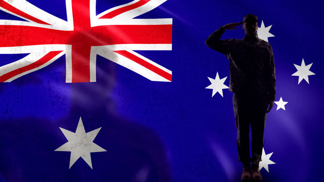 Australian Soldier Silhouette Saluting Against National Flag, Country Protection