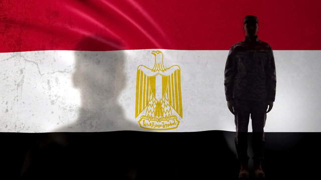 Egyptian Soldier Silhouette Standing Against National Flag, Proud Army Sergeant