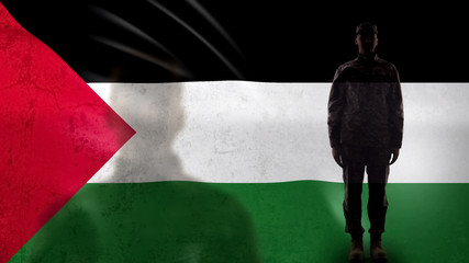 Palestinian soldier silhouette standing against national flag, proud sergeant