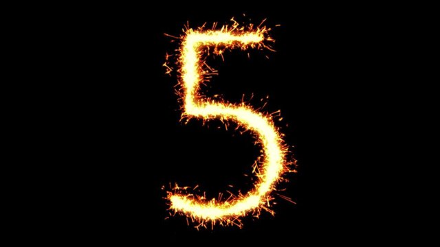 Number 5 Text Sparkler Writing With Glitter Sparks Particles Firework on Black 4K Loop Background. letter , alphabet , typography , Typeface , Font , character .