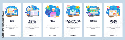Mobile app onboarding screens. Online college degree, internet education, online course. Menu vector banner template for website and mobile development. Web site design flat illustration
