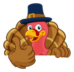 Pilgrim Turkey Thanksgiving bird animal cartoon character wearing a pilgrims hat. Peeking over a background sign and giving a thumbs up