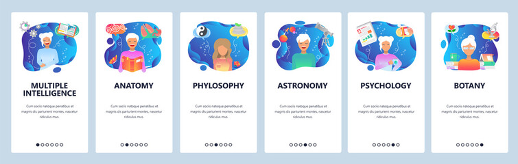 Mobile app onboarding screens. Science research, female scientist, education topics. Menu vector banner template for website and mobile development. Web site design flat illustration