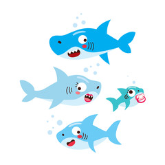 Cute happy four member family shark swimming on sea