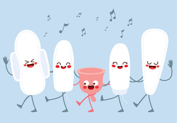 Cute characters female hygiene menstruation dancing and singing together
