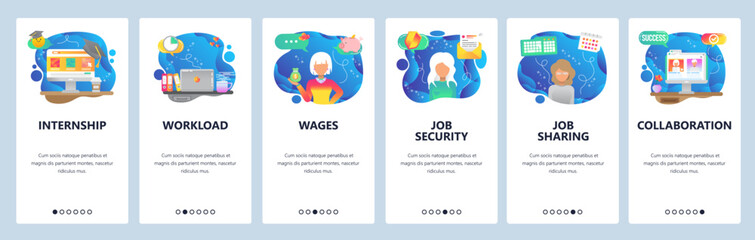 Mobile app onboarding screens. Video call, job seeking, internship, business home office. Menu vector banner template for website and mobile development. Web site design flat illustration