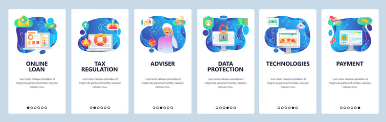 Mobile app onboarding screens. Data protection, online loan, digital banking, financial adviser. Menu vector banner template for website and mobile development. Web site design flat illustration