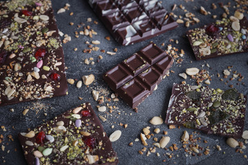 Handmade chocolate with nuts and dried fruits, Chocolatier, Sweet gifts, Valentine's Day, White Day, Howaito day, Closeup, Selective focus