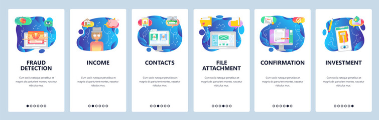Mobile app onboarding screens. Warning signal, fraud detection, online video chat, email. Menu vector banner template for website and mobile development. Web site design flat illustration