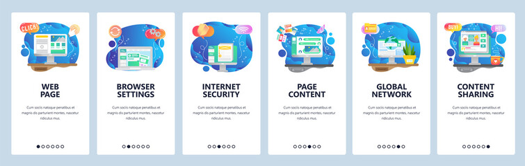 Mobile app onboarding screens. Computer technologies, internet security, content sharing. Menu vector banner template for website and mobile development. Web site design flat illustration
