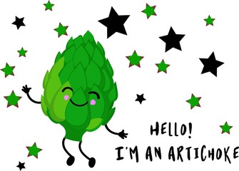 Green artichoke character with arms and legs on a white background. Smiles and eyes on their faces. Funny vegetables.
