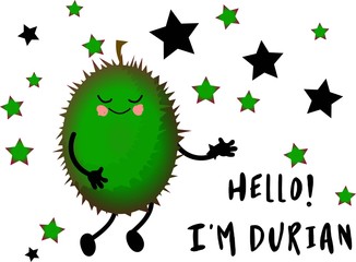 Cute durian. Hi, I'm a fruit. Greeting card or poster for children's learning, printing on clothes or utensils. Character with a face and a smile. Good nutrition. Healthy breakfast.