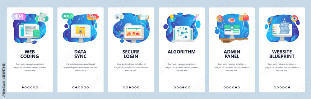 Poster mobile app onboarding screens. software technology development, data sync, secure login, admin panel