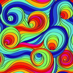 seamless positive vector of wavy lines, colorful print for girls and boys, abstract liquid pattern, bright background of curves
