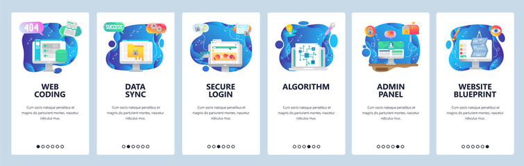 Mobile app onboarding screens. Software technology development, data sync, secure login, admin panel. Menu vector banner template for website and mobile development. Web site design flat illustration