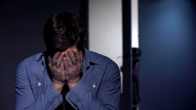 Sad male deeply crying in room, female kid watching deplorable father, loss pain