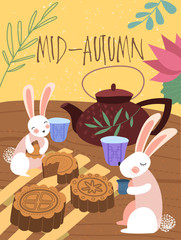 Cute Mid-Autumn poster design of a rabbits tea party with two little pink bunnies sitting down to cookies and tea in front of a large teapot, vector illustration