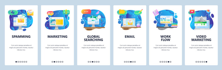 Mobile app onboarding screens. Online computer technologies, digital marketing, work flow, email spam. Menu vector banner template for website and mobile development. Web site design flat illustration