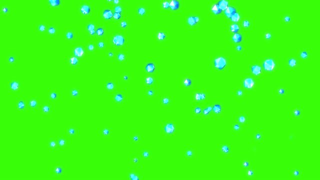 Small blue diamonds or gems falling on green screen. Chroma key jewelry beads. Decorative background rain magic effect. Concept of wealth, treasure, luxuries, jewels. 3d animation in 4k