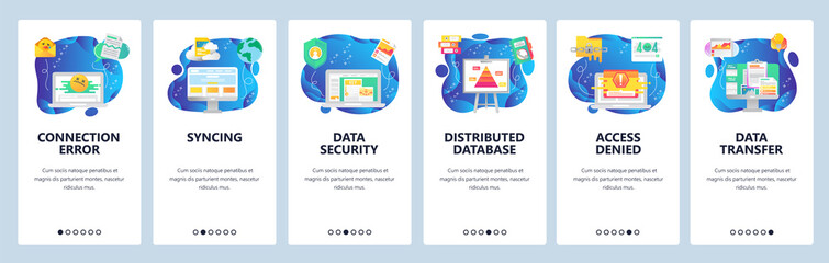 Mobile app onboarding screens. Computer technology, cyber security, access denied, data sync, connection error. Vector banner template for website and mobile development. Web site flat illustration