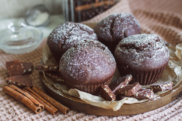 Homemade cake. Chocolate cupcakes with chocolate chips.