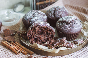 Homemade cake. Chocolate cupcakes with chocolate chips.