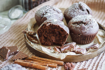Fototapeta na wymiar Homemade cake. Chocolate cupcakes with chocolate chips.