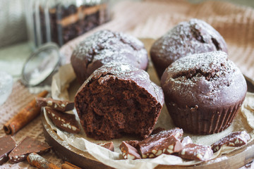 Homemade cake. Chocolate cupcakes with chocolate chips.