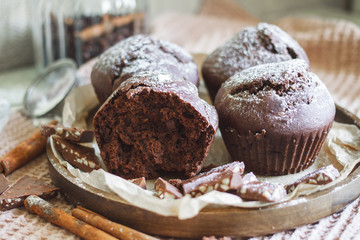 Homemade cake. Chocolate cupcakes with chocolate chips.