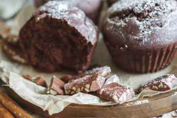 Homemade cake. Chocolate cupcakes with chocolate chips.