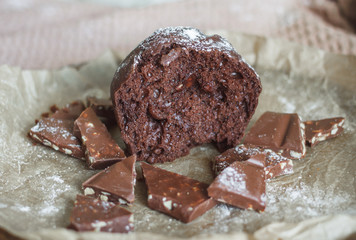Homemade cake. Chocolate cupcakes with chocolate chips.