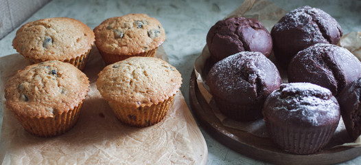 Homemade cake. Chocolate and cream cupcakes.