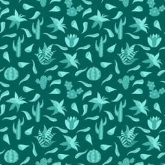 Seamless pattern with cactuses and aloe leaves
