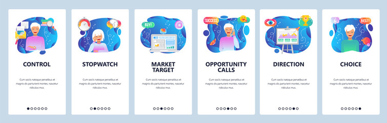 Mobile app onboarding screens. Business presentation, cold calls, market target, project deadline, management. Vector banner template for website and mobile development. Web site design illustration