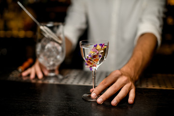 Male bartender serving a cocktail in the glass decorated with flowers