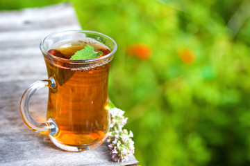 Fresh tasty hot tea with melissa outdoor in summer. Copy space. Medicine healthy