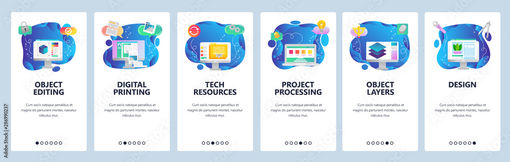 Poster mobile app onboarding screens. 3d model development, image editor, digital printing, layers. menu ve