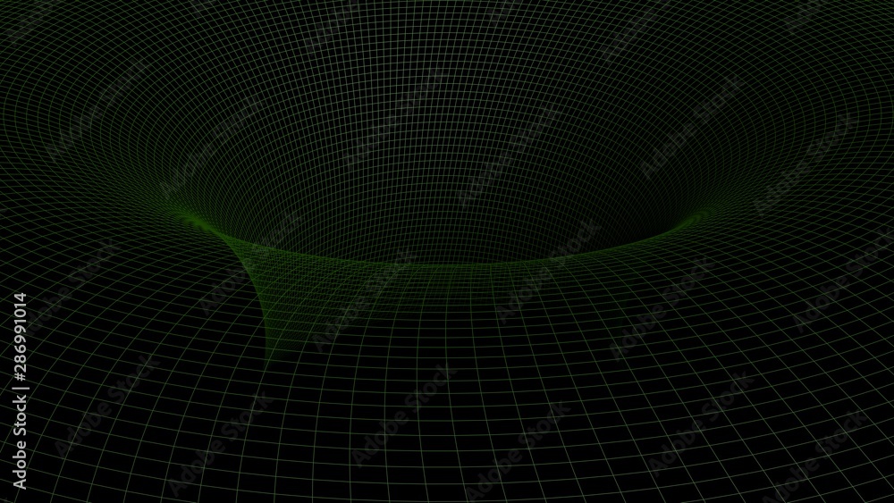 Poster green grid mathematical surface on black background - 3d rendering illustration