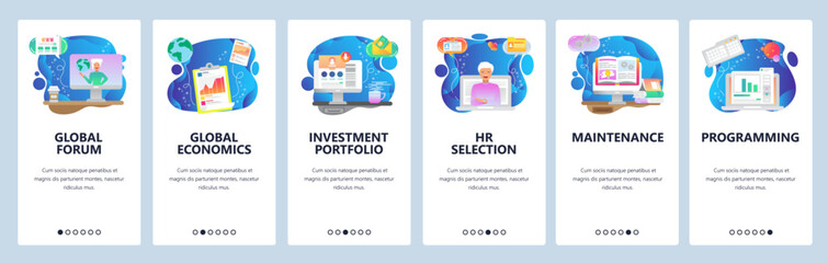 Mobile app onboarding screens. Global economics chart, world news, business portfolio, investment. Menu vector banner template for website and mobile development. Web site design flat illustration