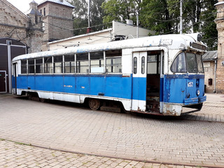 Fototapeta na wymiar old vintage tram public in depot