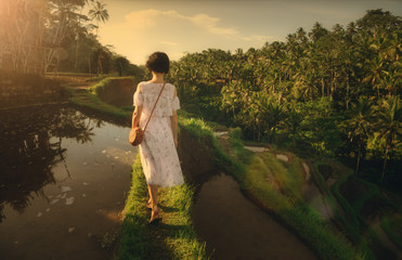 A girl in a white dress on the rice terraces of Tegallalang. Bali trip. Tropical landscape. Travel.