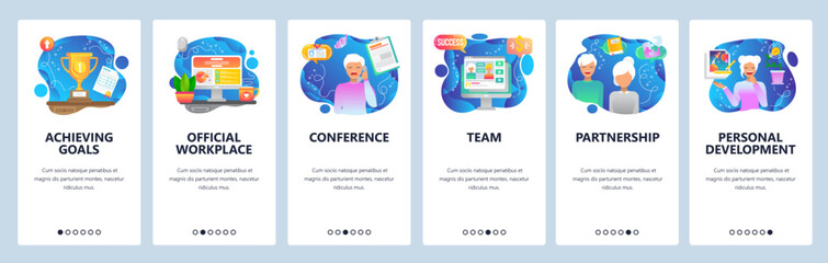 Mobile app onboarding screens. Office workplace, team work, business call, winner cup. Menu vector banner template for website and mobile development. Web site design flat illustration