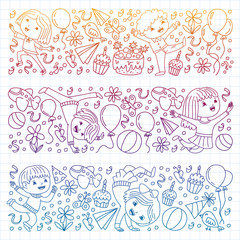 Vector illustration in cartoon style, active company of playful preschool kids jumping, at a party, birthday. Drawing by pen on squared notebook.