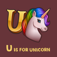 Children alphabet letter u and unicorn