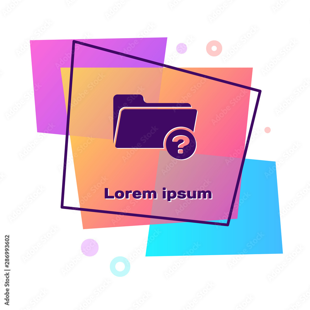 Poster Purple Unknown directory icon isolated on white background. Magnifying glass and folder. Color rectangle button. Vector Illustration